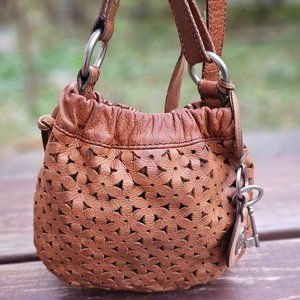 Fossil Tava Hobo Drawstring Leather Crossbody Bucket Bag